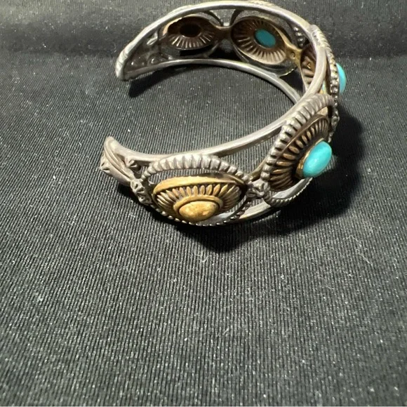 .925 Sterling&brass Carolyn Pollack Fritz Casuse Mixed Metal Turquoise Bracelet - Picture 4 of 8